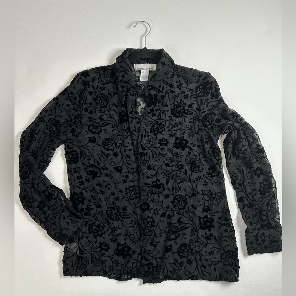 Jones New York Black Velvet Blouse, Burn-out, silk mix, Mysterious, Small